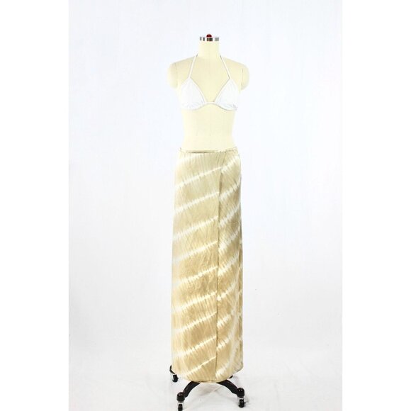 INDAH Tan Beige Tie Dye 100% Silk Satin Wrap Front Maxi Slip Skirt, Size S - Picture 1 of 13